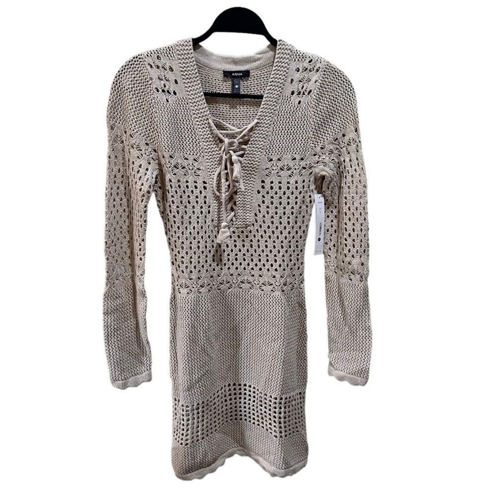 Aqua Sand Crochet Lace Up Tassel Mini Dress Bloomingdales Exclusive Womens S NEW